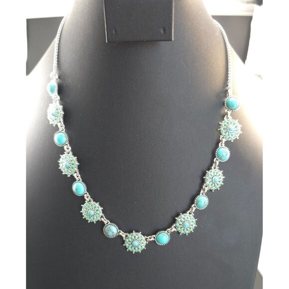 NWT Lucky Brand Silver-Tone Turquoise Flower Necklace With Adjustable Chain - Picture 2 of 8